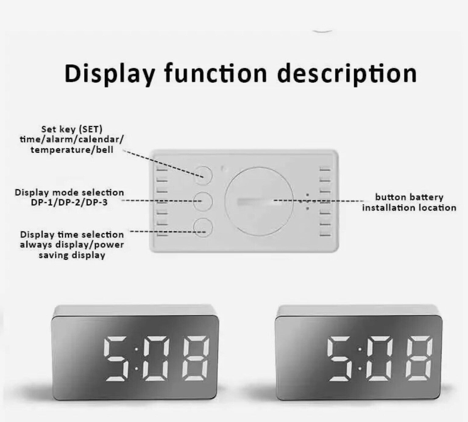 1Pc White LED Mirror Table Clock Snooze Display Time Night Light Desktop